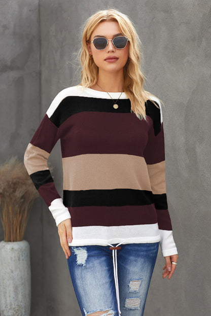 Color Block Drawstring Knit Top