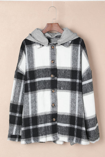 Plaid Button Front Brushed Hooded Jacket