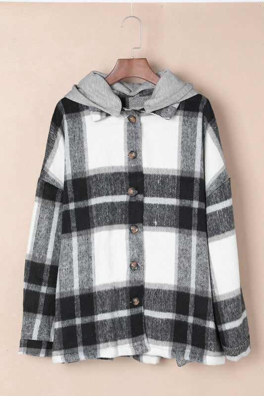Plaid Button Front Brushed Hooded Jacket