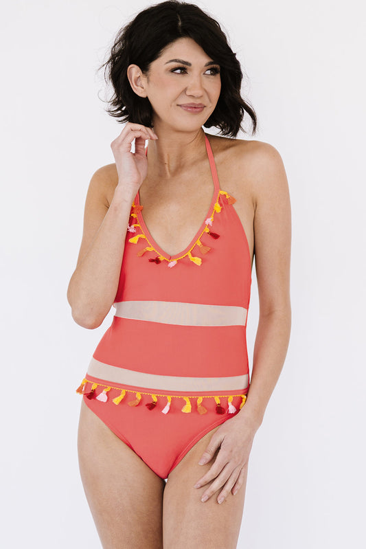 Striped Halter Neck Tassel One-Piece Swimsuit