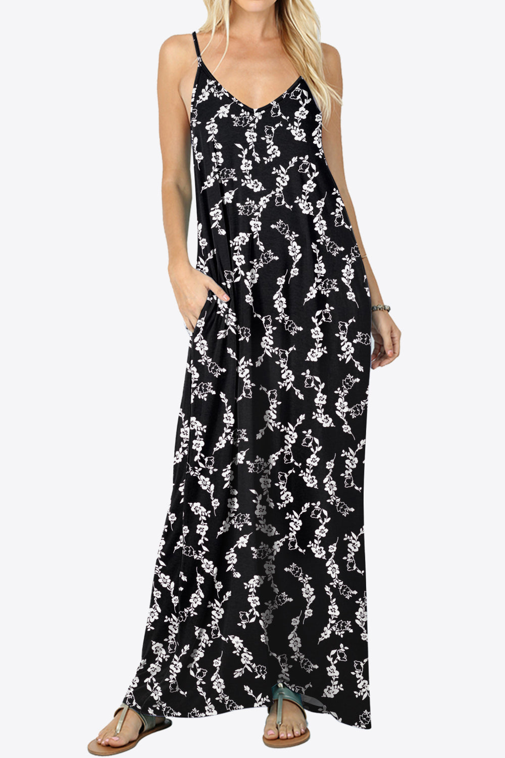 Floral Spaghetti Strap Maxi Dress with Pockets