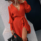 Belted Surplice Lantern Sleeve Wrap Sweater Dress