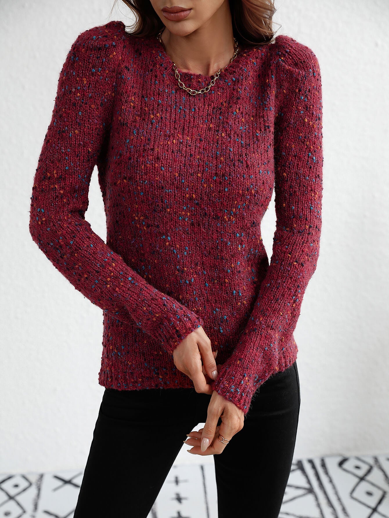 Multicolored Puff Sleeve Ribbed Trim Sweater