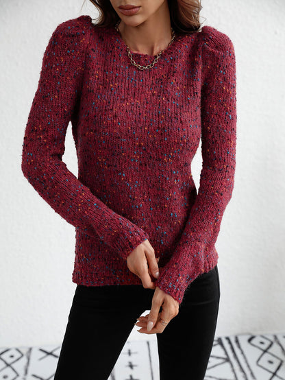 Multicolored Puff Sleeve Ribbed Trim Sweater