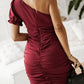 One-Shoulder Ruched Ruffle Hem Dress