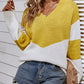 Two-Tone Ribbed Trim V-Neck Sweater