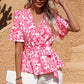 Floral Tie Belt Surplice Blouse
