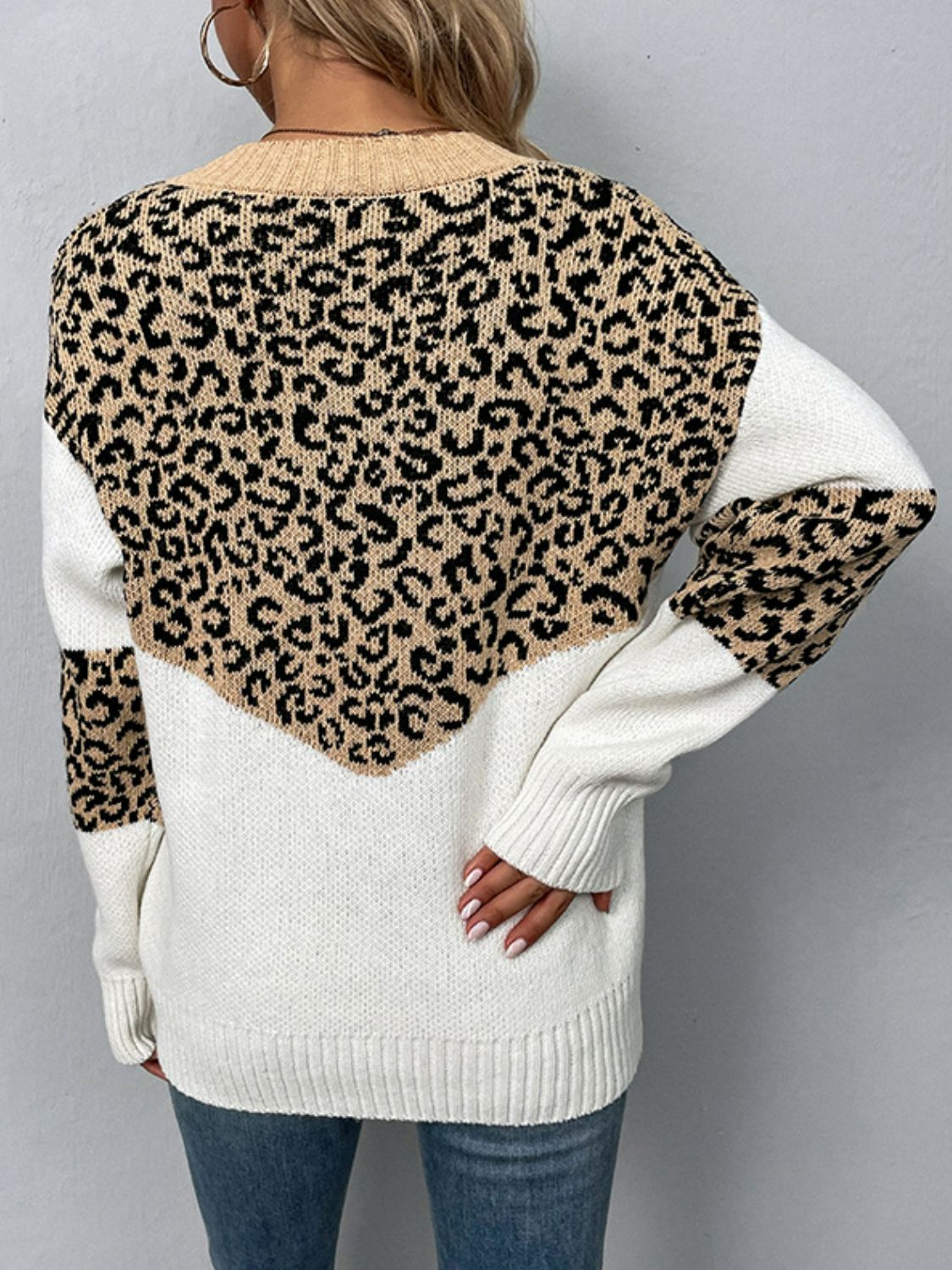 Leopard Color Block V-Neck Ribbed Trim Sweater