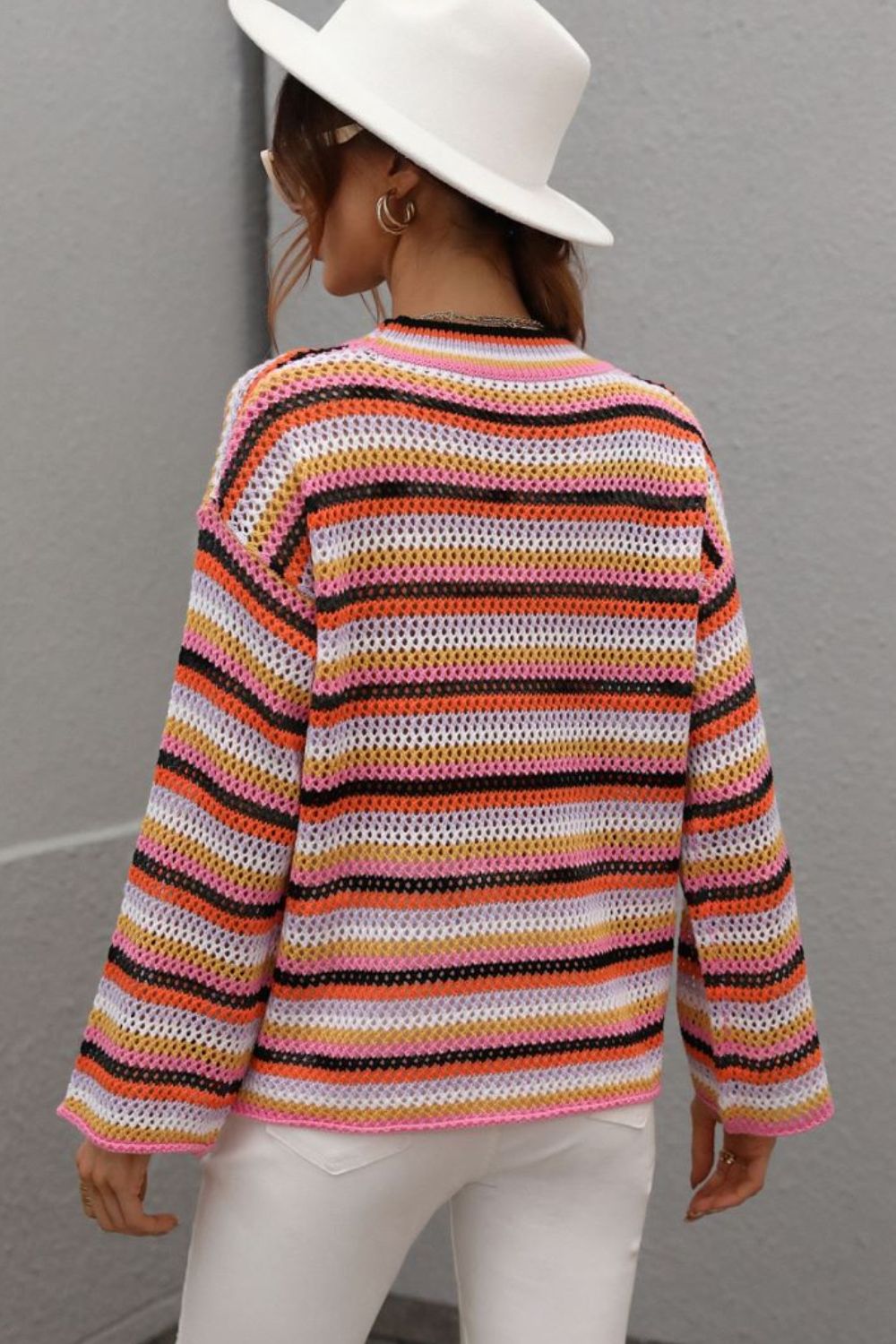 Multicolored Stripe Drop Shoulder Round Neck Sweater