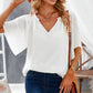 Gathered Detail Notched Neck Flutter Sleeve Top