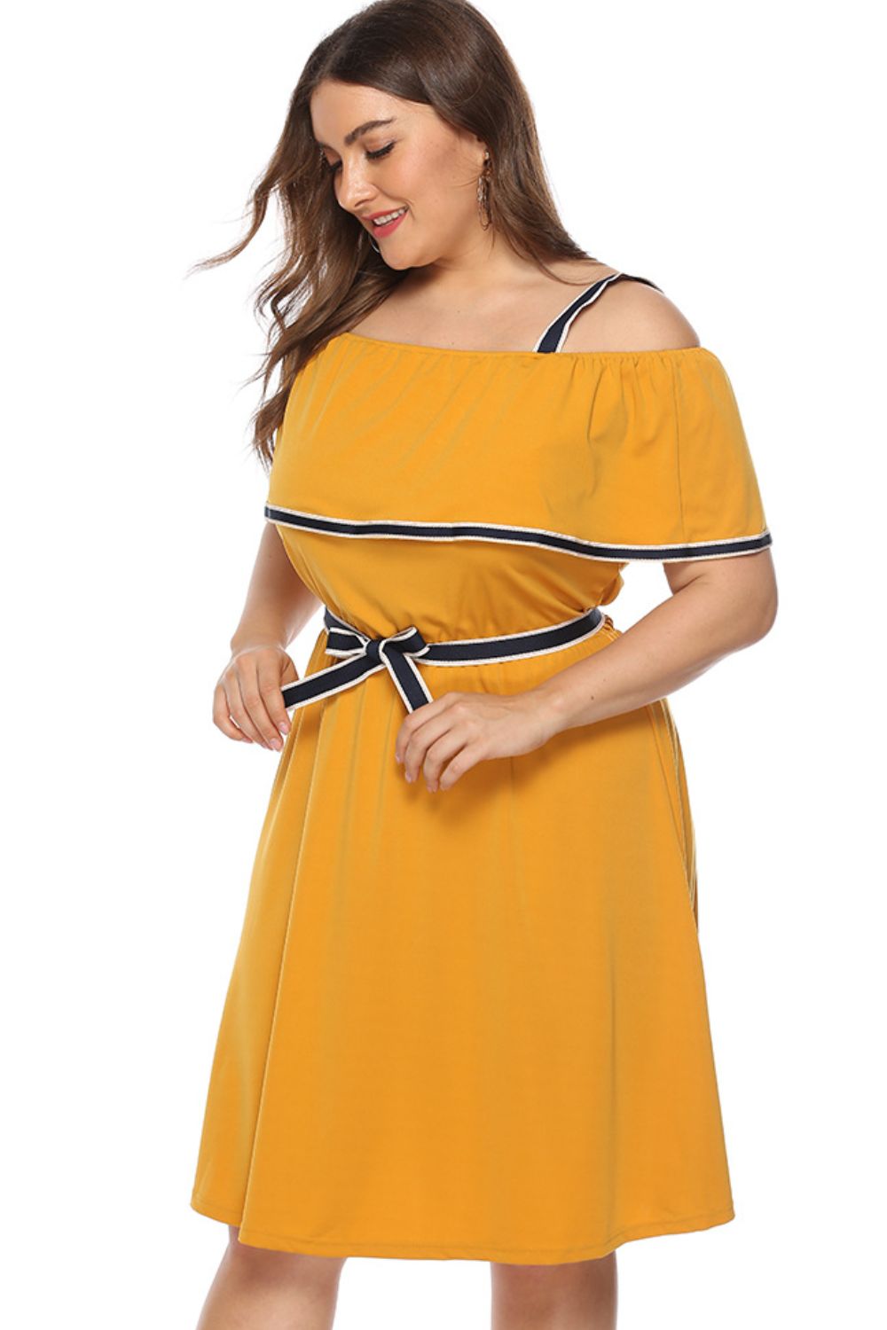 Plus Size Contrast Trim Cold-Shoulder Belted Dress