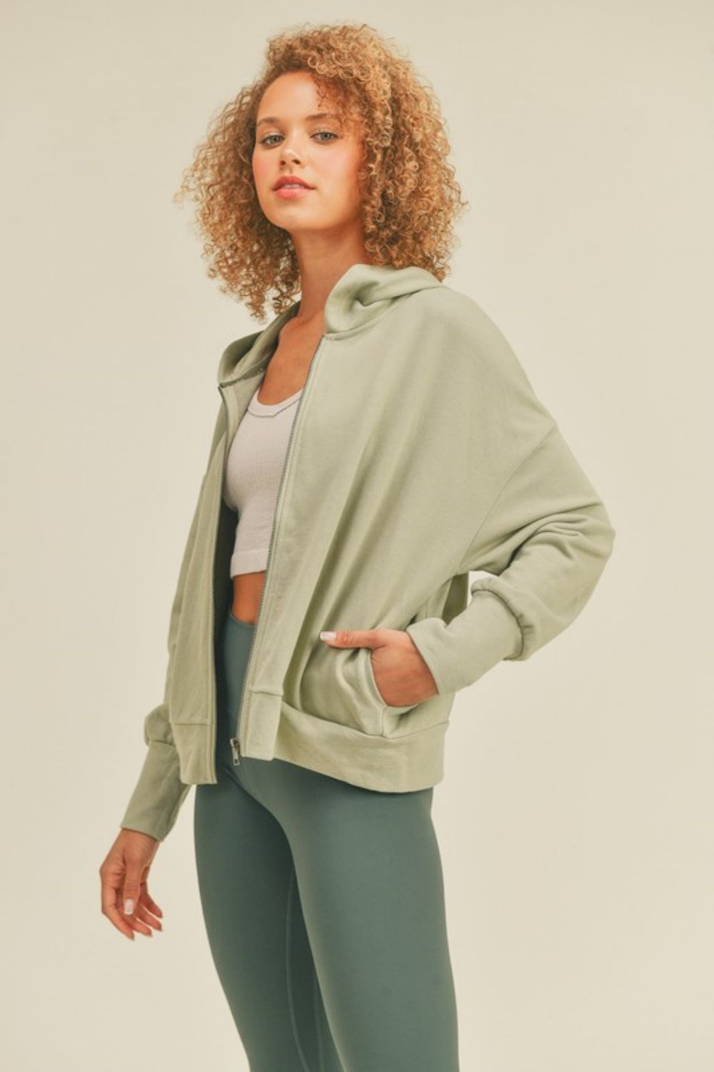 Kimberly C Full Size Zip-Up Drop Shoulder Hooded Jacket in Sage