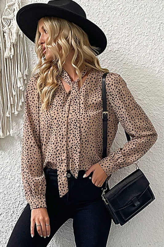 Animal Print Puff Sleeve Tie-Neck Blouse