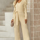 Belted Long Puff Sleeve V-Neck Jumpsuit