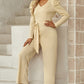 Belted Long Puff Sleeve V-Neck Jumpsuit