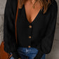 Button Front Ribbed Lantern Sleeve Cardigan