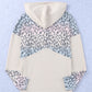 Leopard Color Block Buttoned Drawstring Detail Hoodie