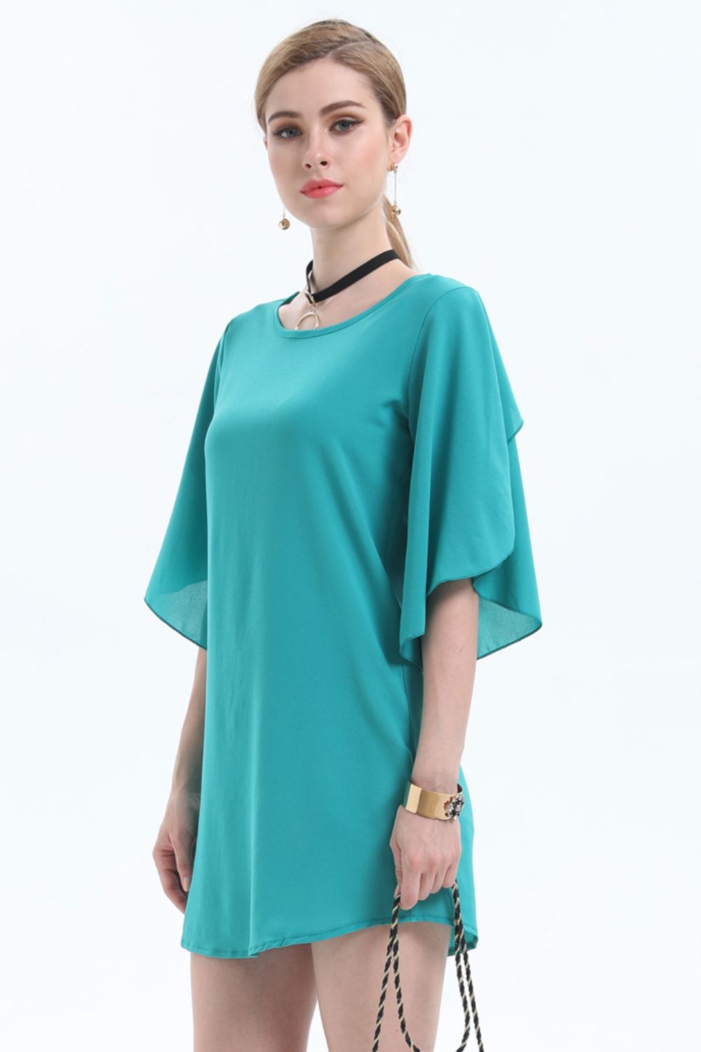 Round Neck Half Flutter Sleeve Tunic Blouse