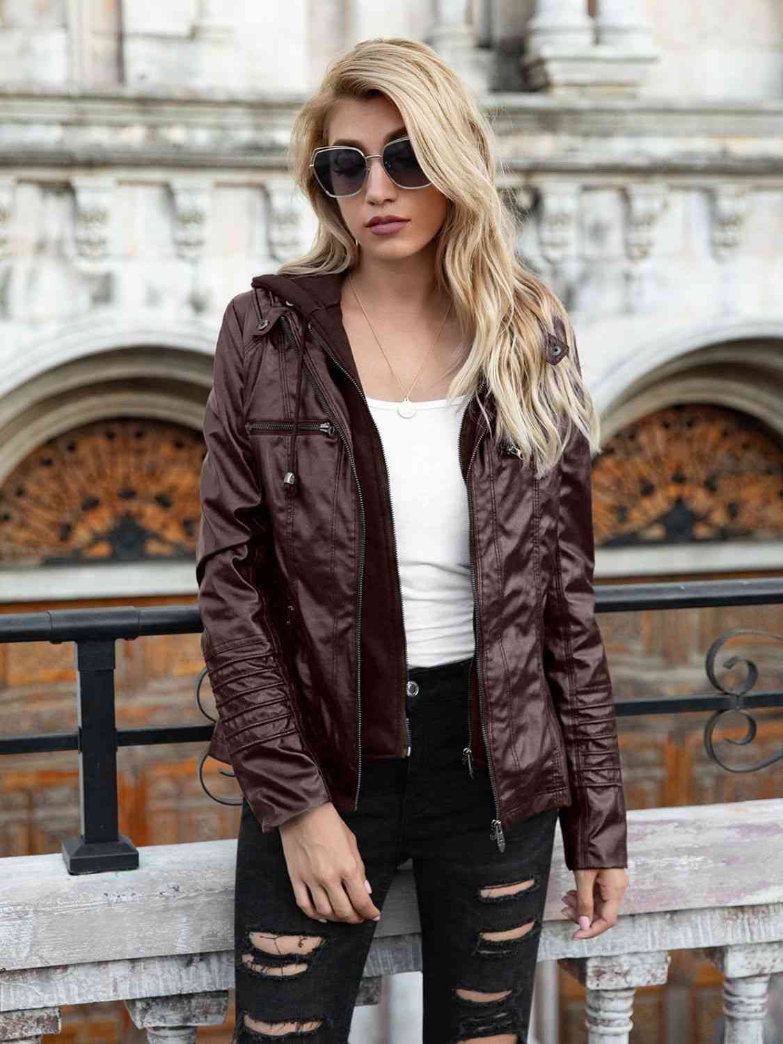 Full Size Zip-Up Hooded PU Jacket