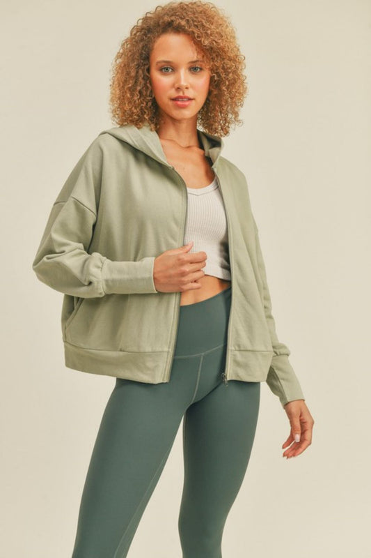 Kimberly C Full Size Zip-Up Drop Shoulder Hooded Jacket in Sage