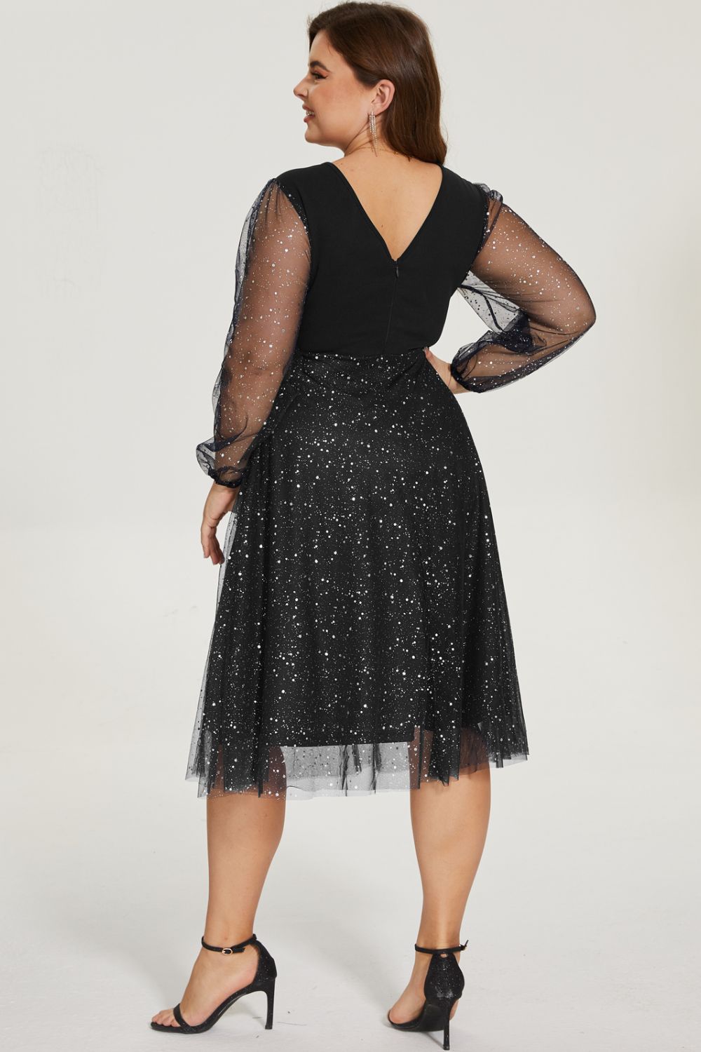 Plus Size Glitter Mesh Sleeve Plunge Dress