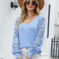 Lace Sleeve Ribbed Trim V-Neck Sweater