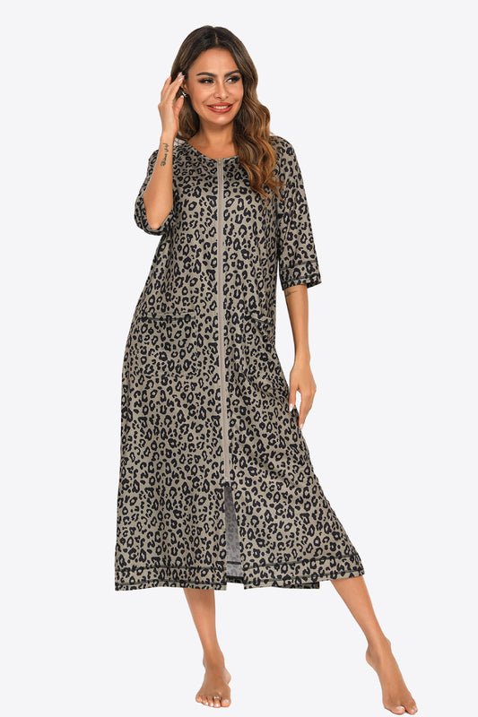 Zip Up Slit Night Dress with Pockets