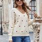 Heart Print V-Neck Dropped Shoulder Sweater