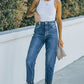 Ripped Ankle Straight Jeans with Pockets