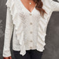 Button Front Ruffle Trim V-Neck Cardigan