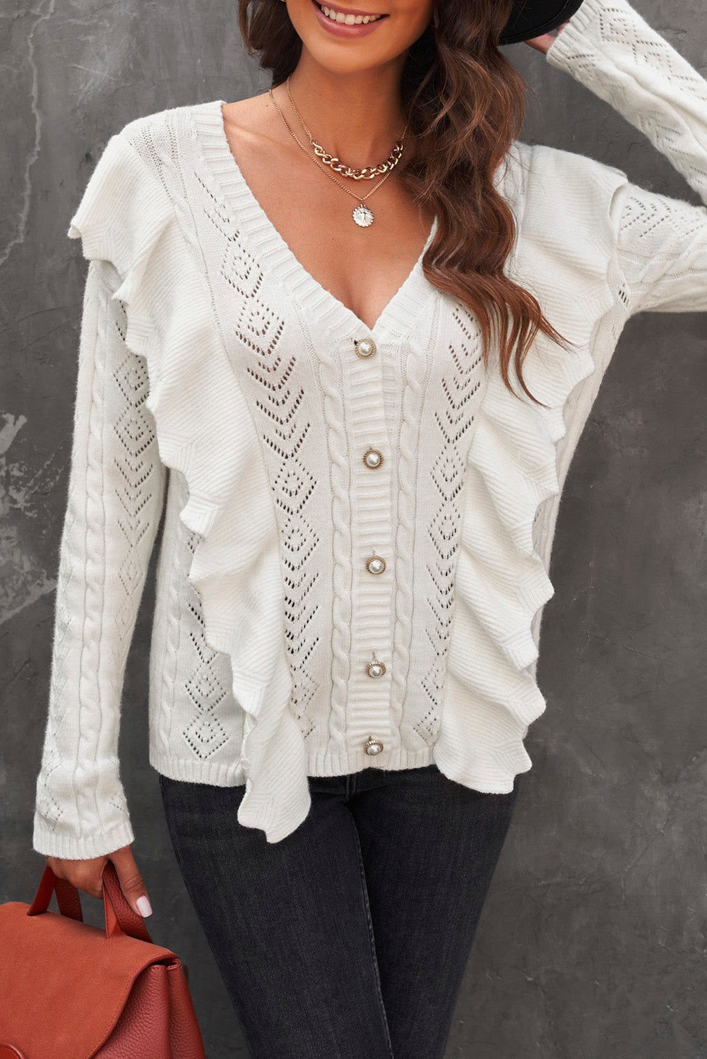 Button Front Ruffle Trim V-Neck Cardigan