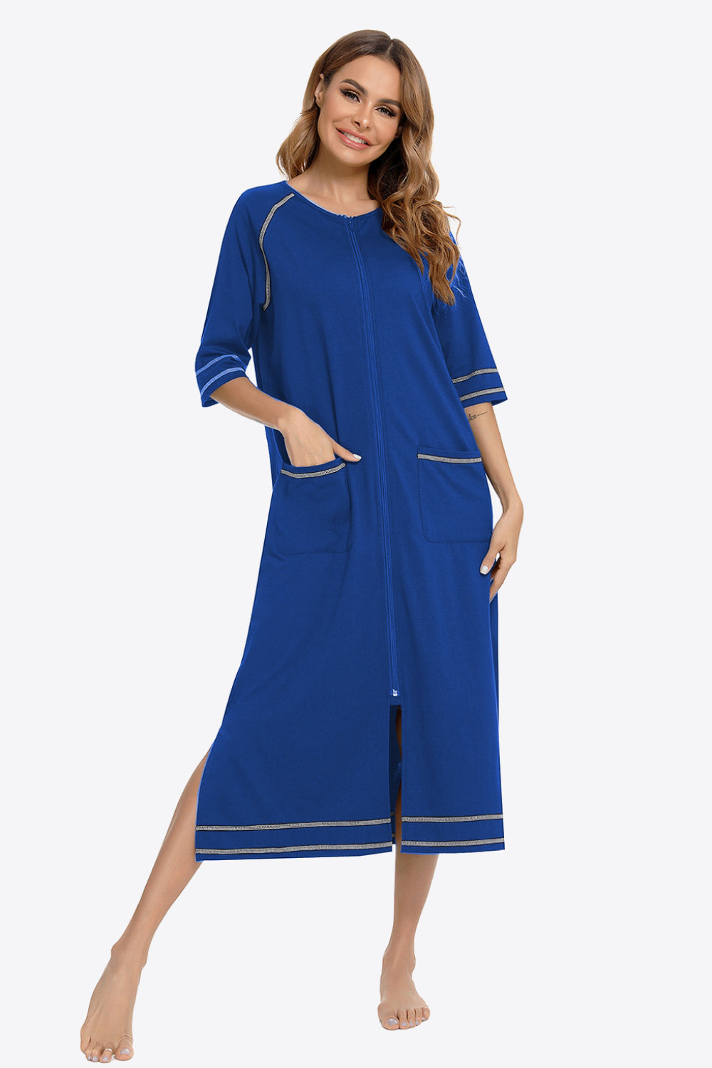 Zip Up Slit Night Dress with Pockets