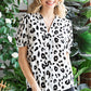 Leopard Notched Neck Short Flounce Sleeve Blouse