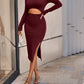 Textured Cutout Long Sleeve Slit Dress