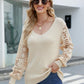 Lace Sleeve Ribbed Trim V-Neck Sweater