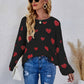 Heart Print Fuzzy Crewneck Long Sleeve Sweater