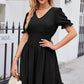Swiss Dot Frill Trim Flounce Sleeve V-Neck Dress