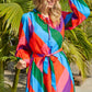 Multicolored Tie-Waist Pleated Balloon Sleeve Dress