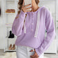 Lace Trim Half-Button Drawstring Knit Hoodie
