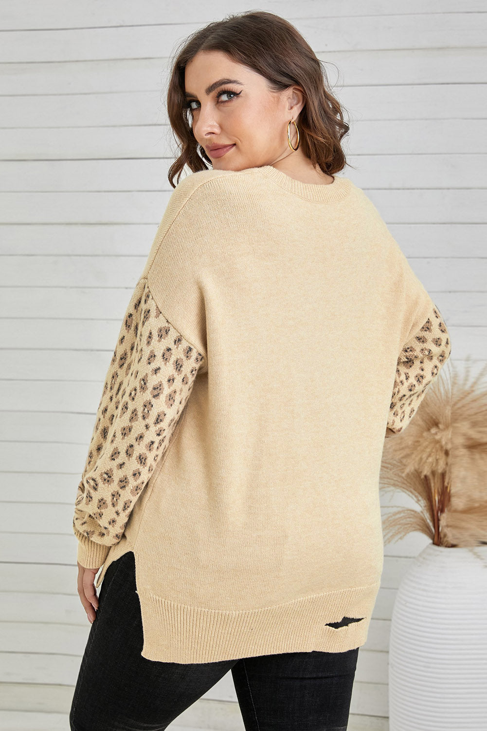 Plus Size Leopard Distressed Hem Detail Slit Sweater