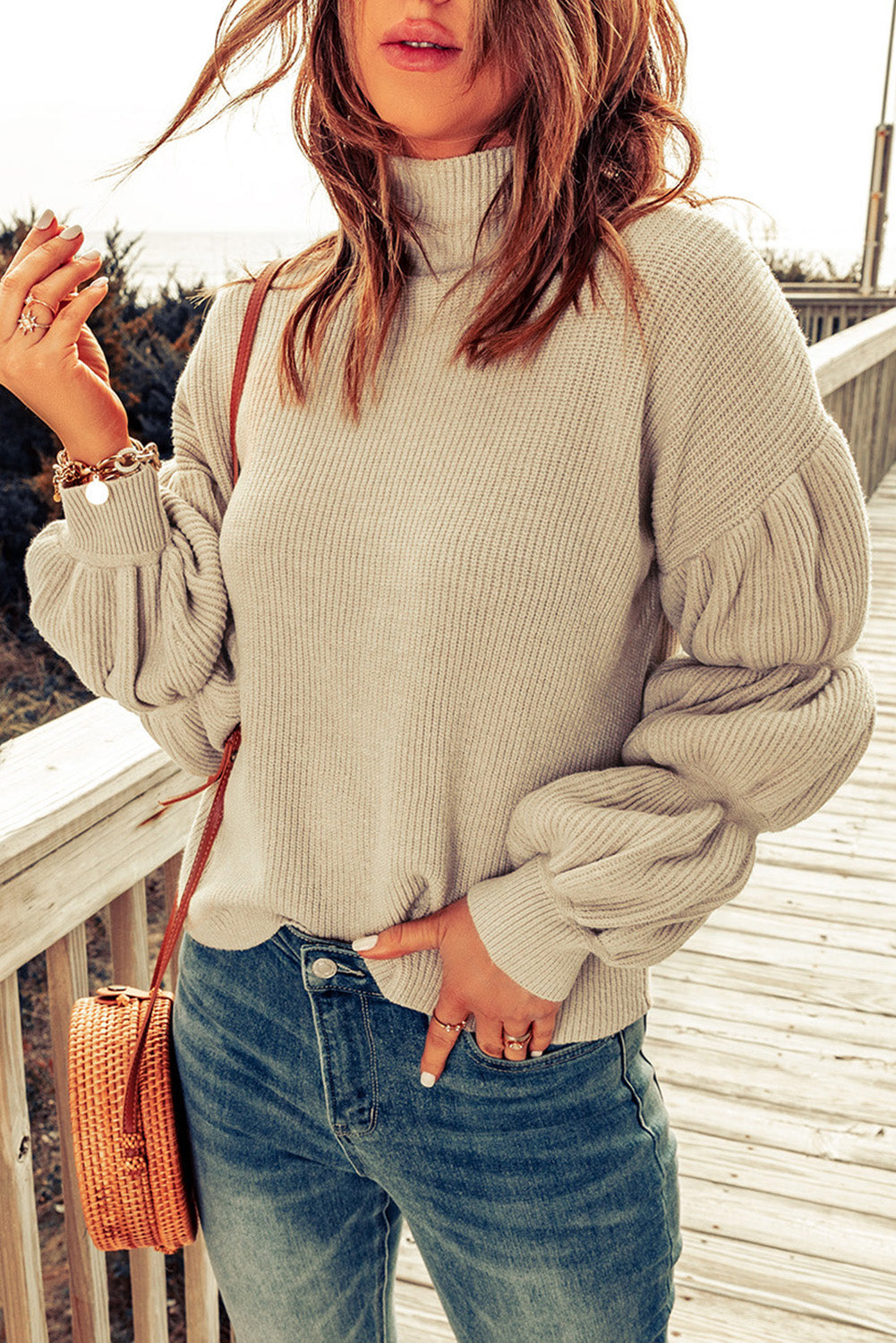 High Neck Bubble Sleeve Rib-Knit Sweater