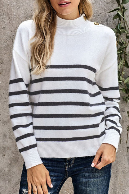 Striped Button Detail Mock Neck Sweater
