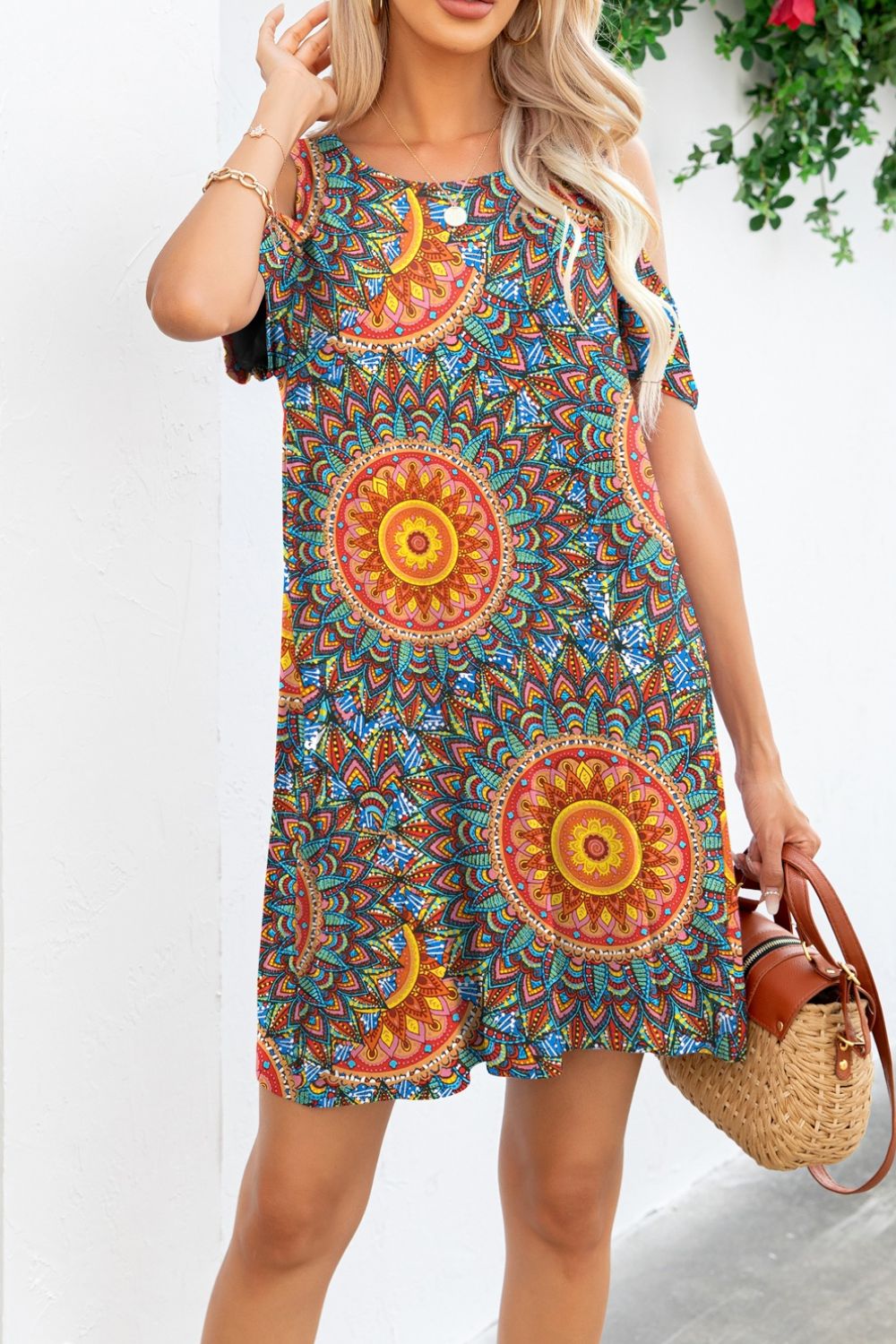 Printed Round Neck Cold-Shoulder Dress