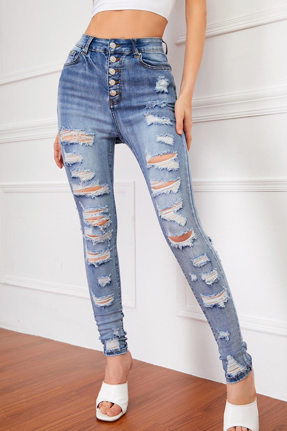 Full Size Button-Fly Distressed Skinny Jeans