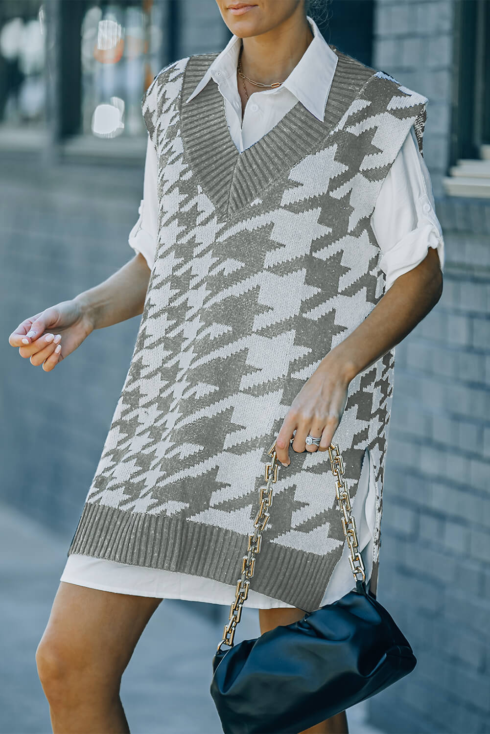 Houndstooth Side Slit Ribbed Sweater Vest Dress