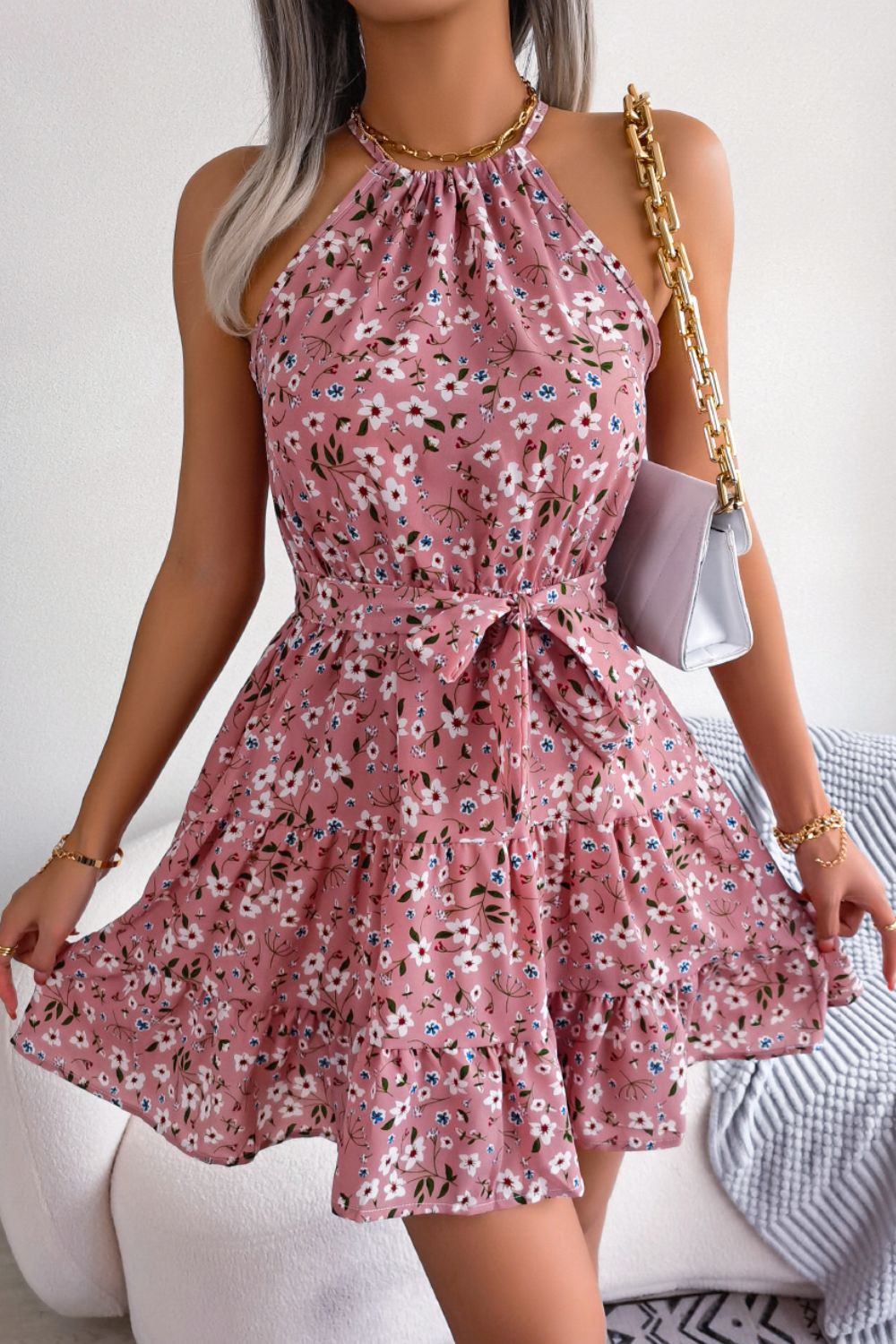 Floral Tie Waist Ruffle Hem Sleeveless Dress