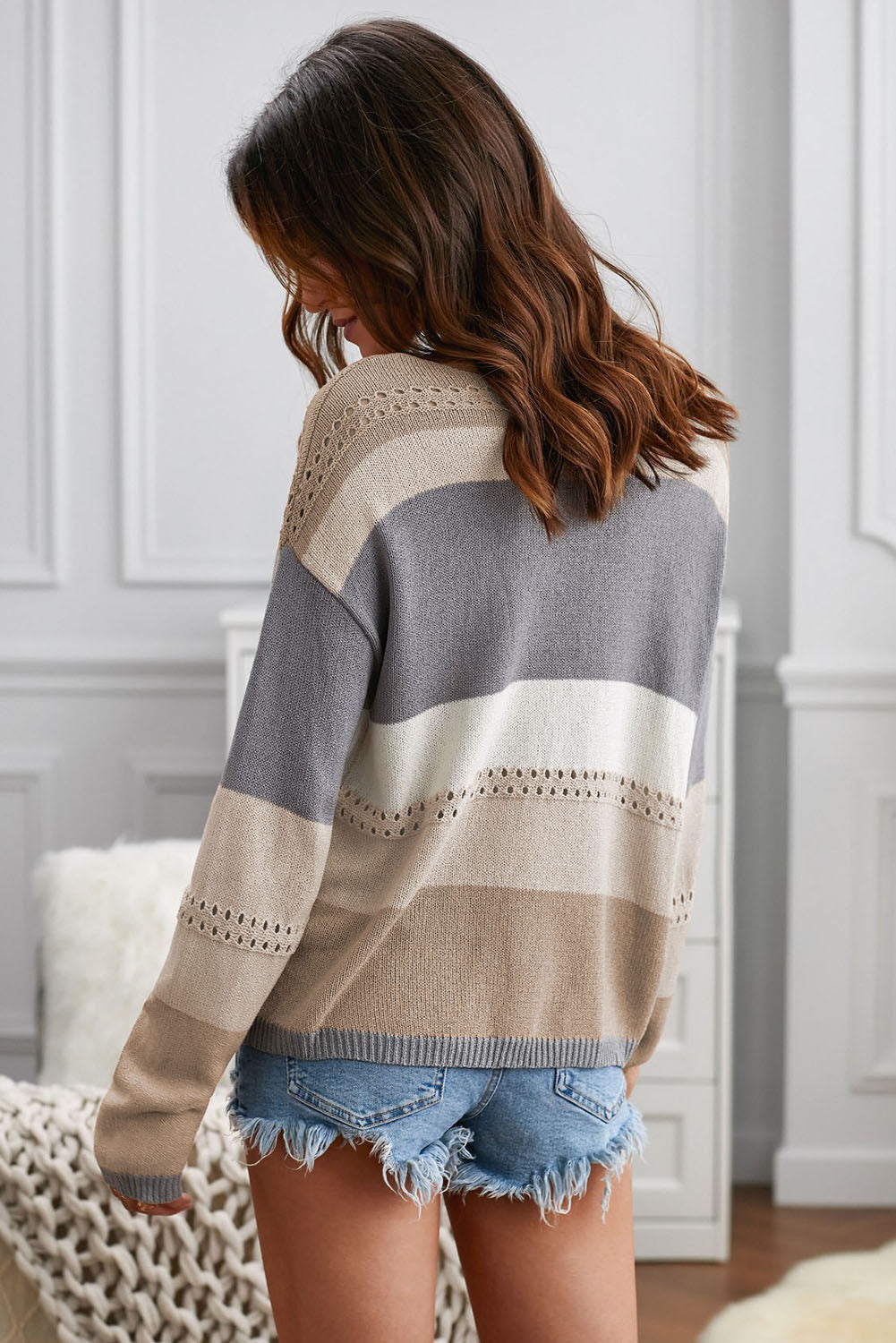 Color Block Openwork V-Neck Knit Top