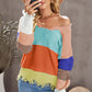 Color Block Distressed V-Neck Ribbed Sweater
