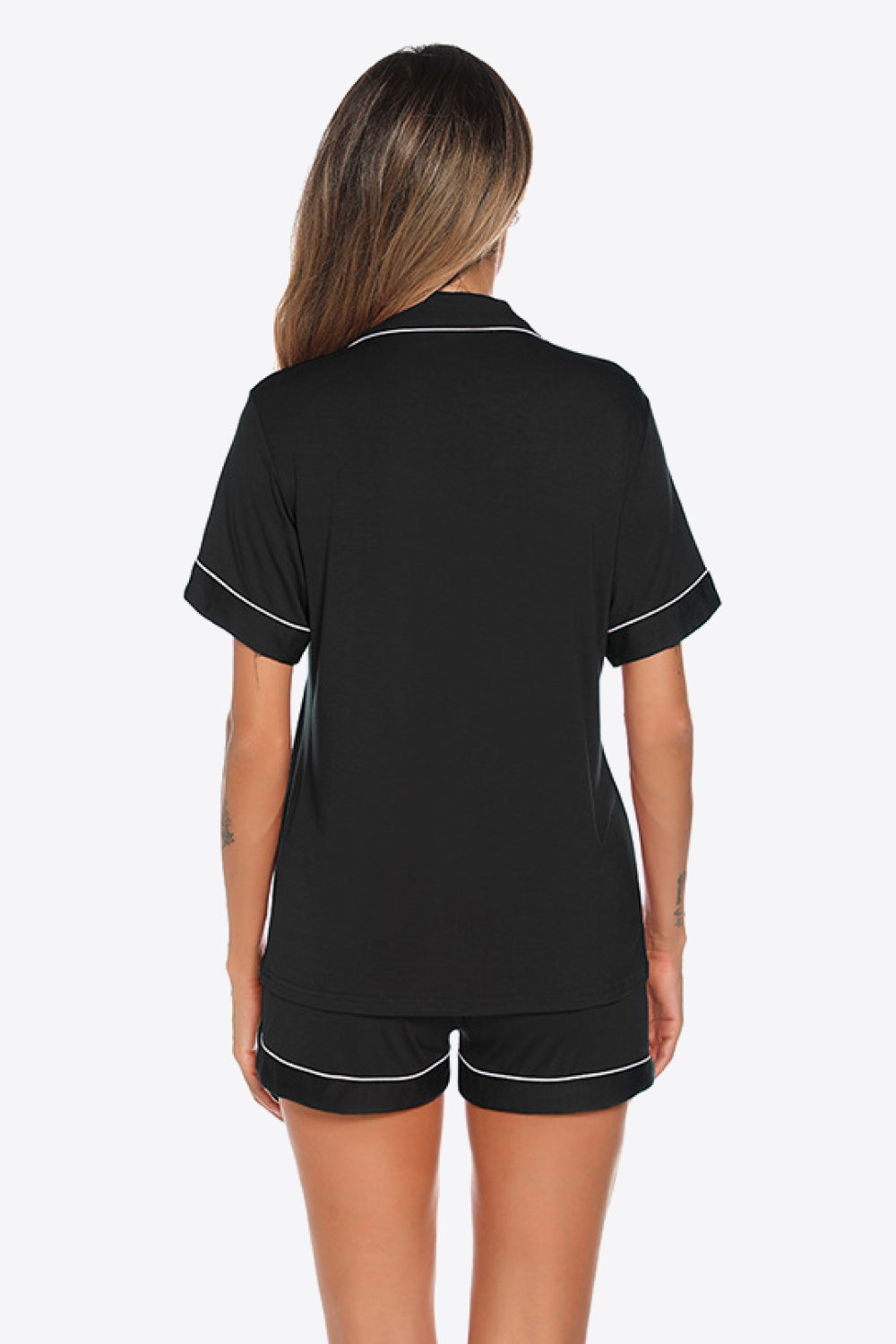Contrast Piping Button Front Top and Shorts Lounge Set