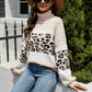 Striped Leopard Turtleneck Dropped Shoulder Sweater